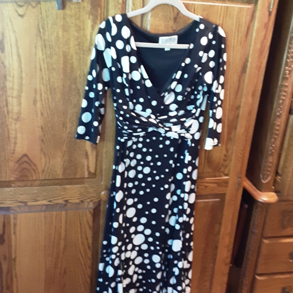 Dress, mid calf length. Black with white polka dot